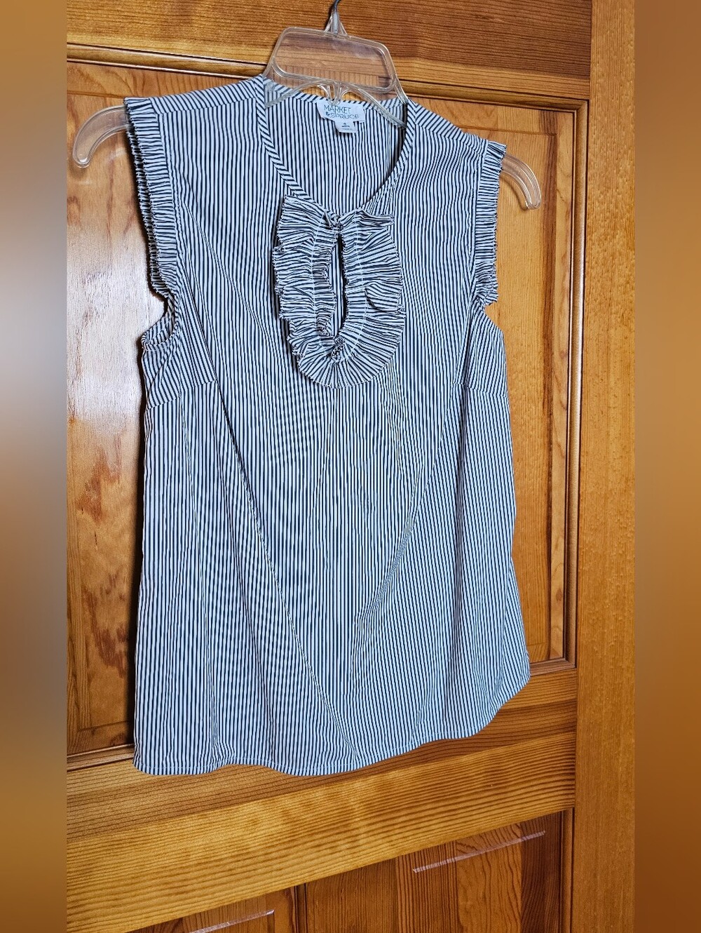 Sleeveless Grey & White Striped Ruffle Front Women's Top
